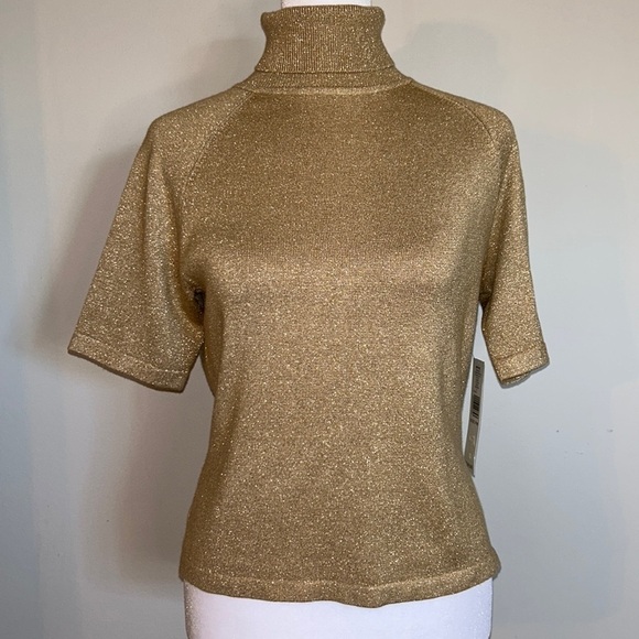NWT Kate Hill Golden Sparkle “Winning Combination“  Short Sleeve Turtleneck - Picture 1 of 7
